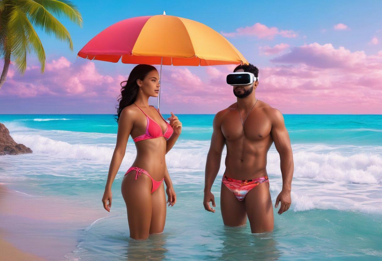 A fusion of a glamorous beach scene with elegant bathing suits transitioning into a high-tech virtual reality setup showcasing interactive adult shows. Include elements like shimmering waves, colorful beach umbrellas, and futuristic VR headsets with vivid lights. The atmosphere should convey excitement and sensuality, with playful figures engaging in both settings. Use a blend of soft pastels and neon colors for contrast. super-realistic. vibrant colors. digital art.