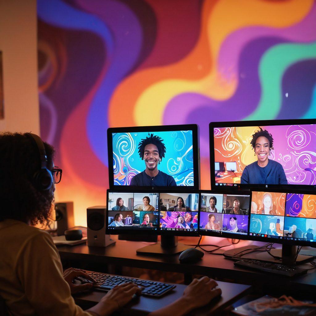 A close-up of a warm, inviting room with a live streaming setup, featuring a soft-glowing webcam and colorful lights, while an abstract representation of intimate connections swirls in the background. Include subtle silhouettes of diverse individuals engaging through digital screens, symbolizing closeness and interaction. Evoke a feeling of intimacy and modern connectivity. vibrant colors. soft focus.